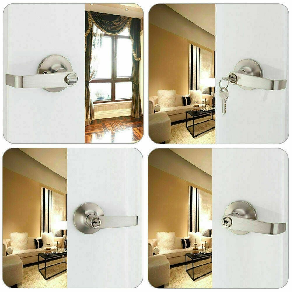 Entry Door Lever Lock Set Privacy Keyed Knob Lockset Handle+3 Keys Satin Nicke ~