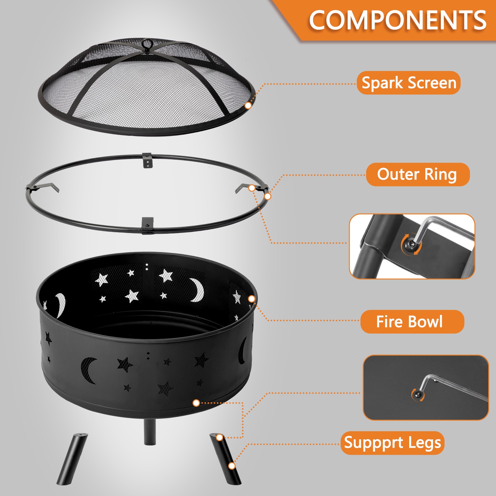 30 inch Outdoor Wood Burning Metal Fire Pit with Spark Screen, Fire Poker, Black