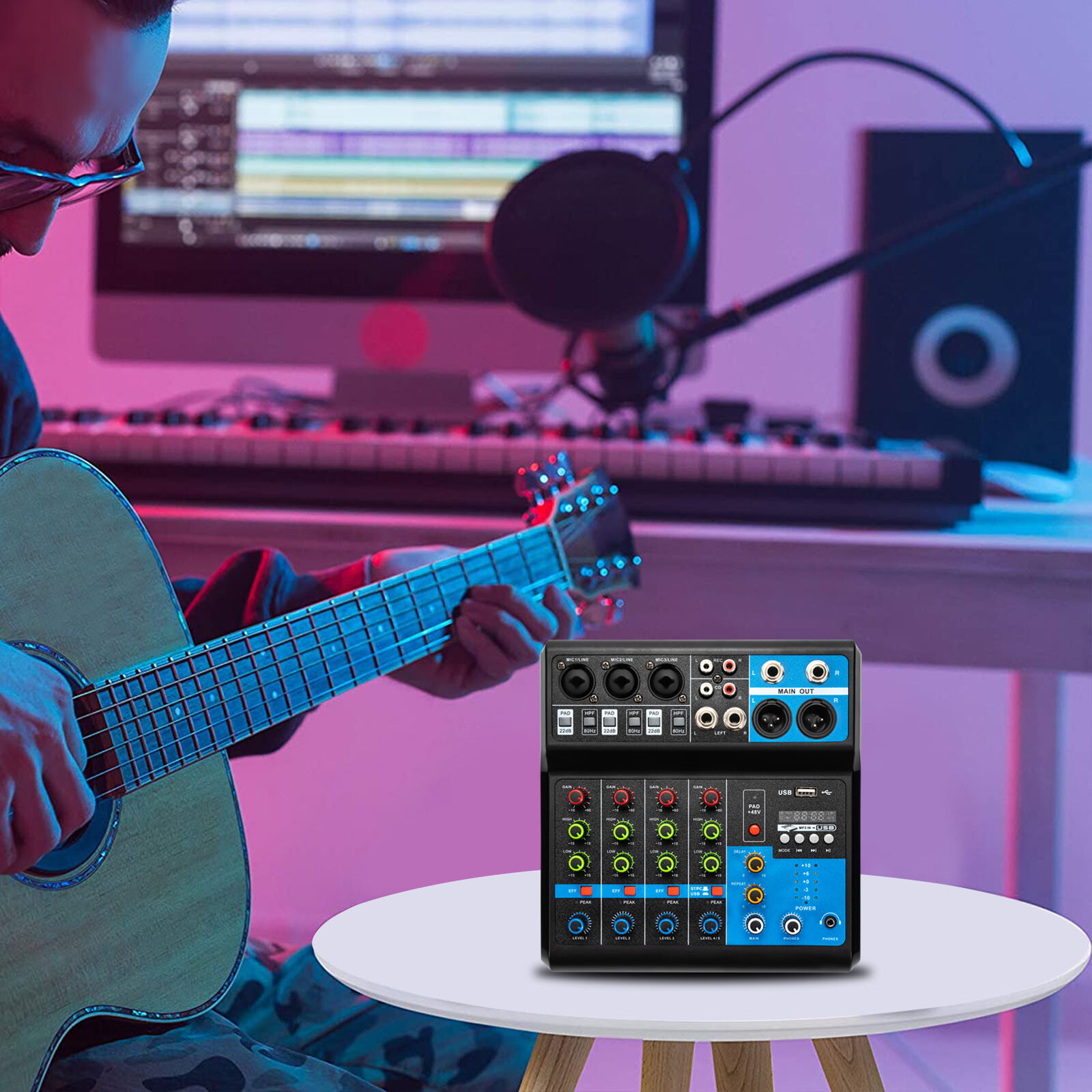 5-Channel Mixer with Bluetooth, USB, and Reverb for Live Audio Mixing