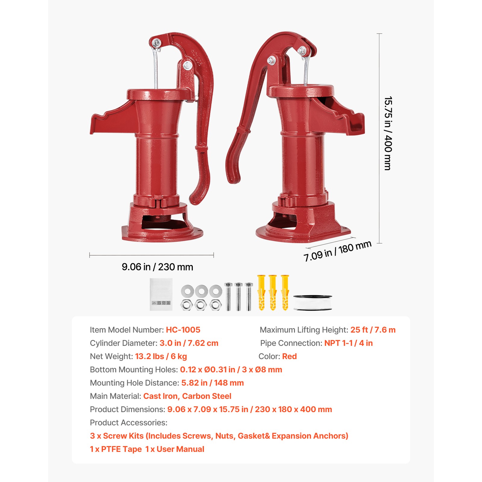 Uimoso Antique Cast Iron Manual Water Pump, 25ft Lift, Red Design