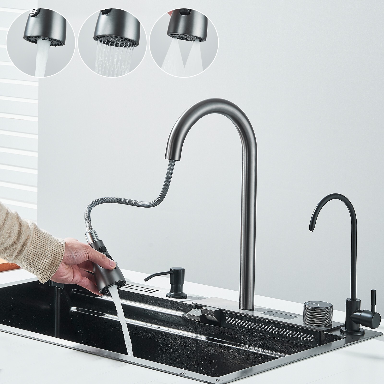 29.5" Flying Rain Stainless Steel Waterfall Kitchen Sink with Faucet Single Bowl