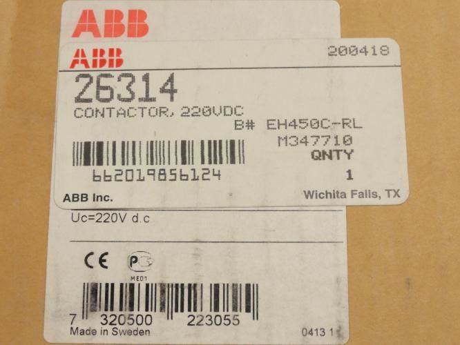 207435 New In Box; ABB EH450C-RL Contactor 420A 3P 600V Coil: 220V 400Hp