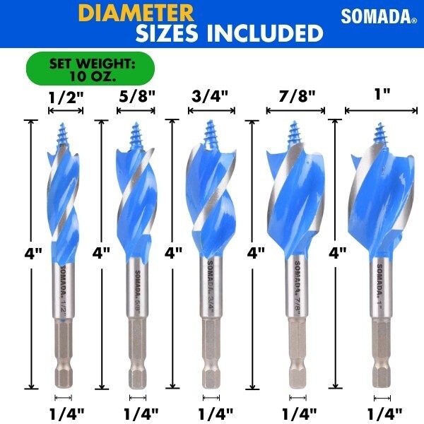 SOMADA Auger Drill Bit Set, 5-Piece, 1/2", 5/8", 3/4", 7/8" and 1" Inch Size