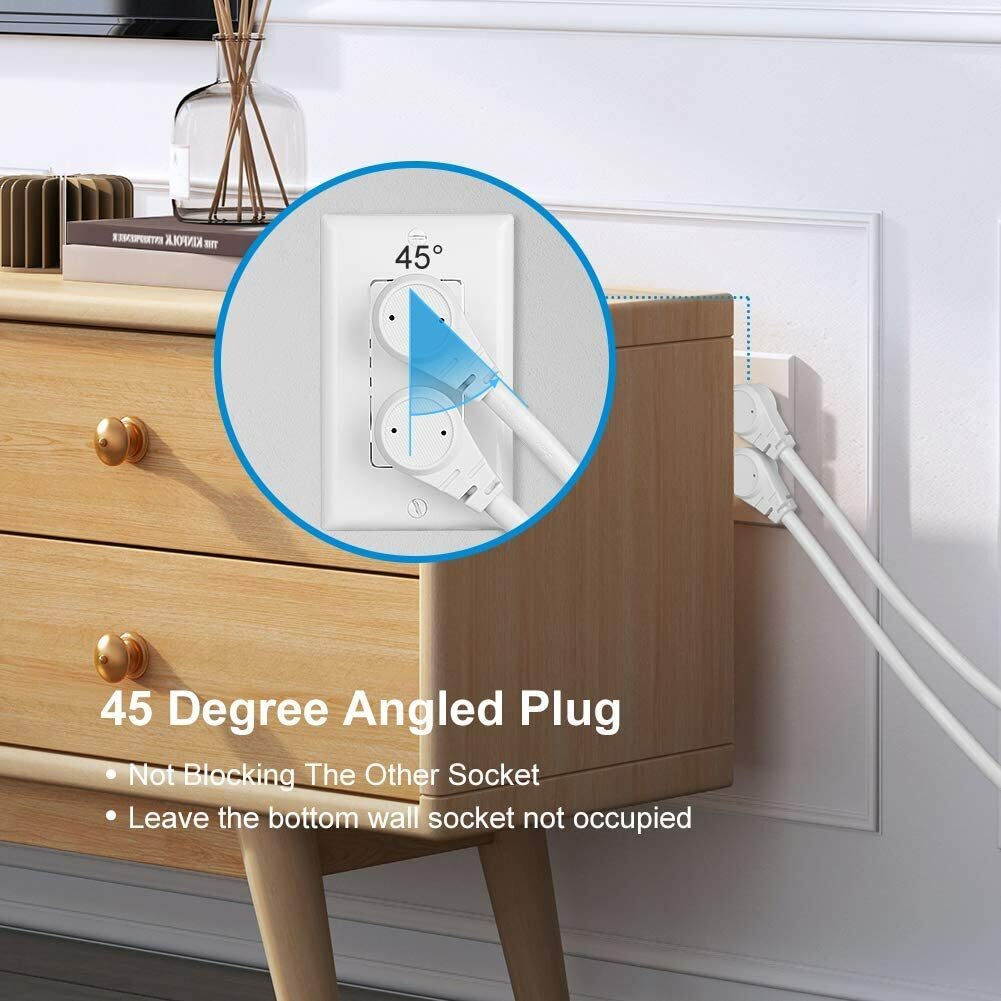 DEWENWILS 3 Pack Short Flat Plug Extension Cord 1 Foot 14 Gauge Heavy Duty White