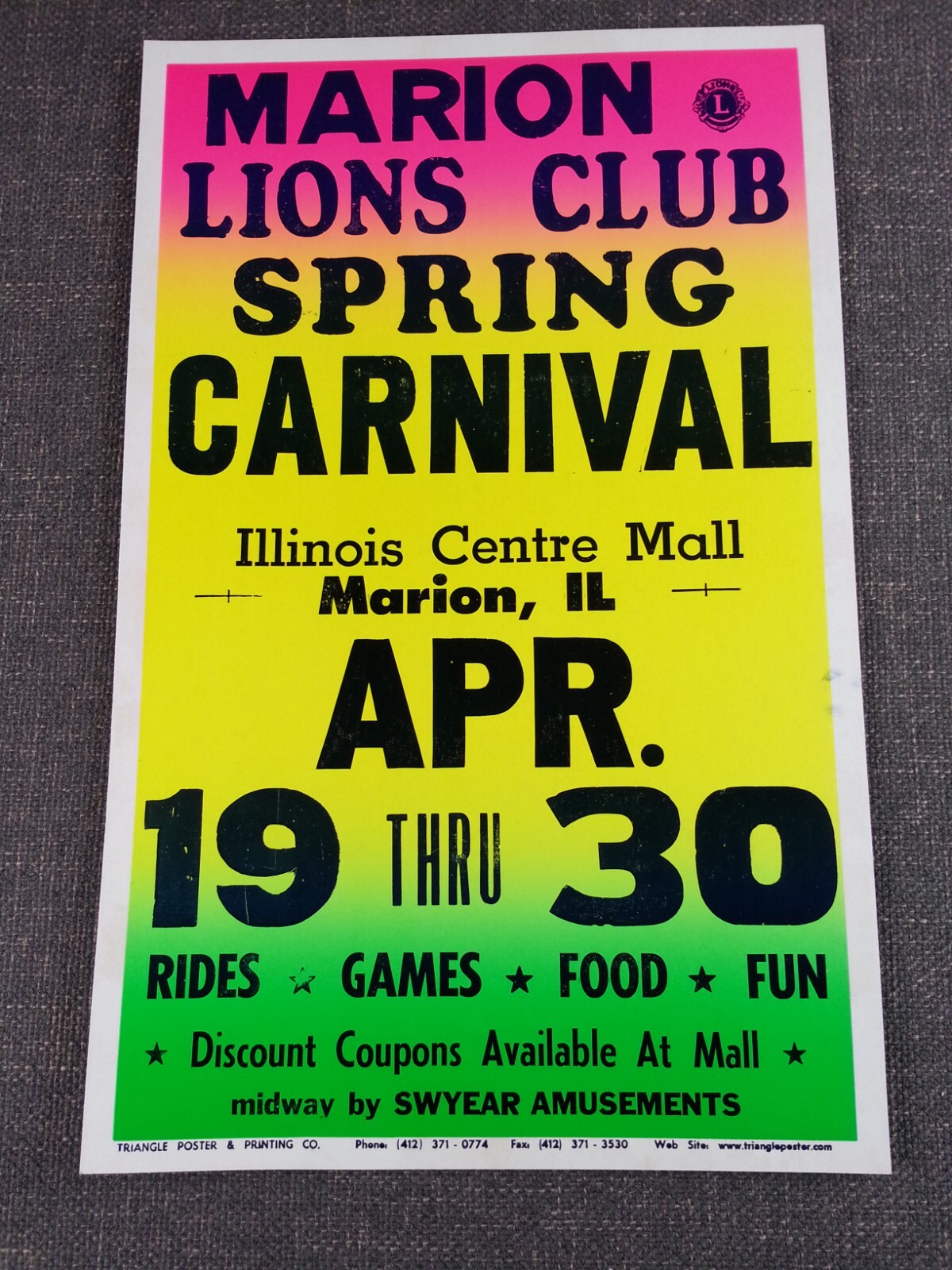Marion Lions Club Spring Carnival Cardboard Poster Marion IL Centre Mall Swyear
