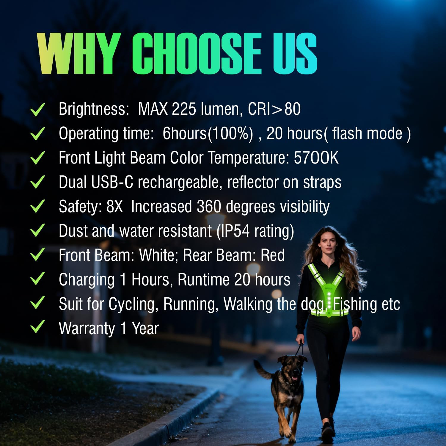 8 LED Running Reflective Gear Rechargeable Adjustable Running Lights Vest Safety