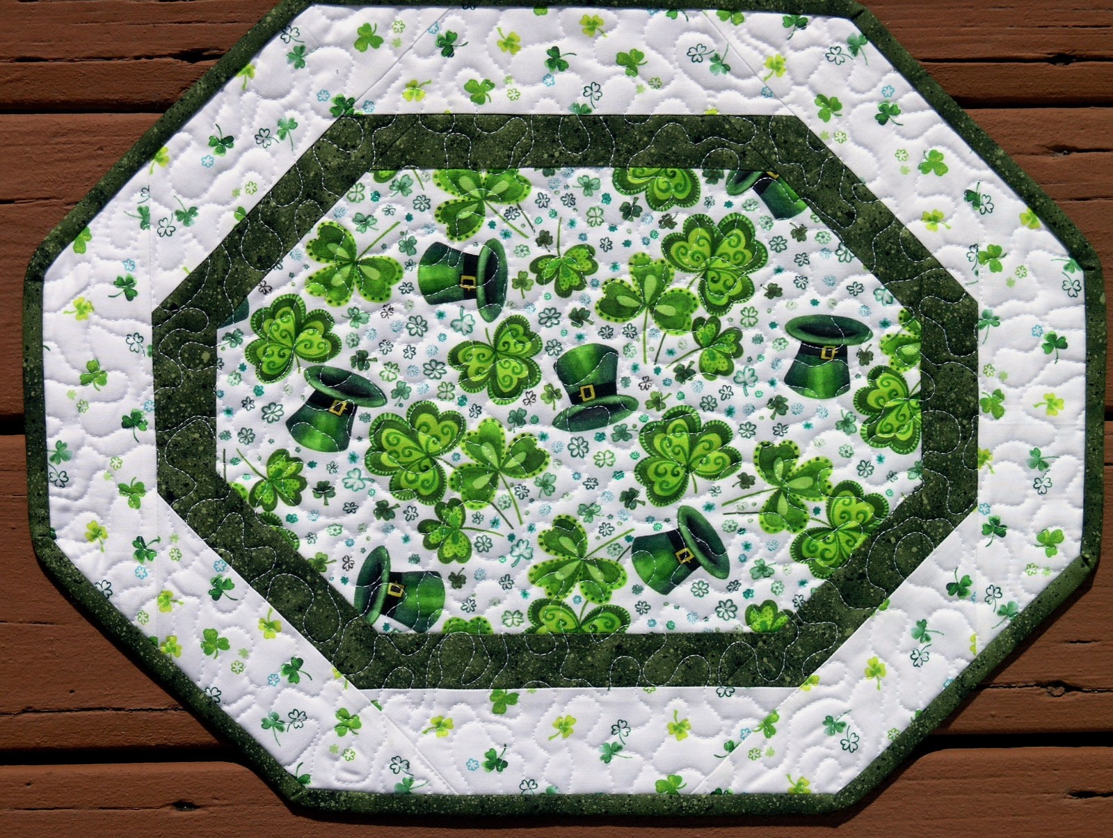 Handcrafted Quilted Table Runner Topper ST PATRICK'S DAY SHAMROCKS TOP HATS