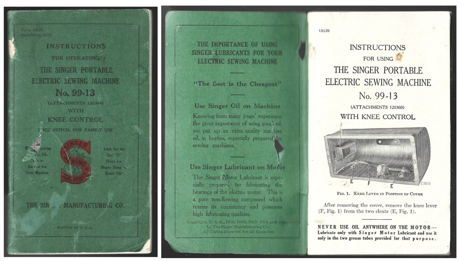 Singer Sewing Machine Model 99-13 w/ Knee Control Orig 1925 Manual Instructions