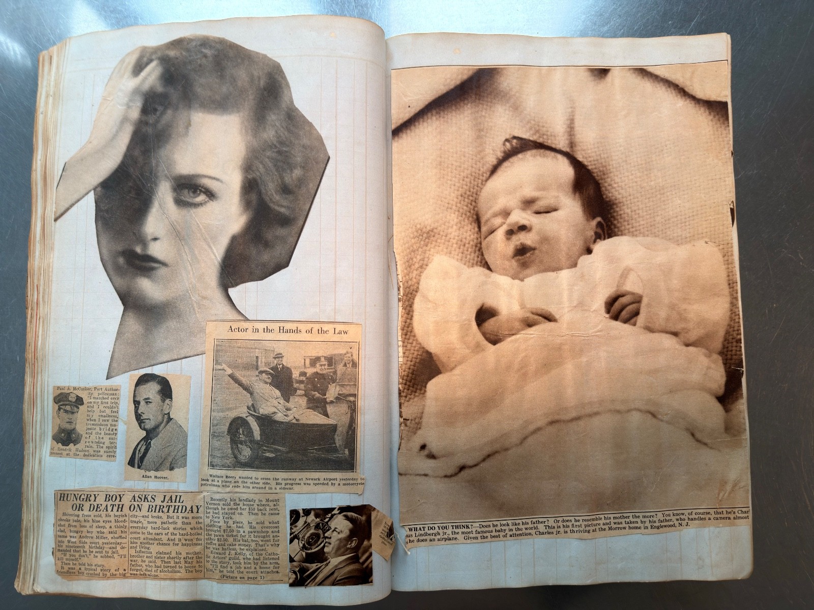 Large Newspaper Clipping Scrapbook NY/NJ 1920s-30s on 1840s Leatherbound Ledger