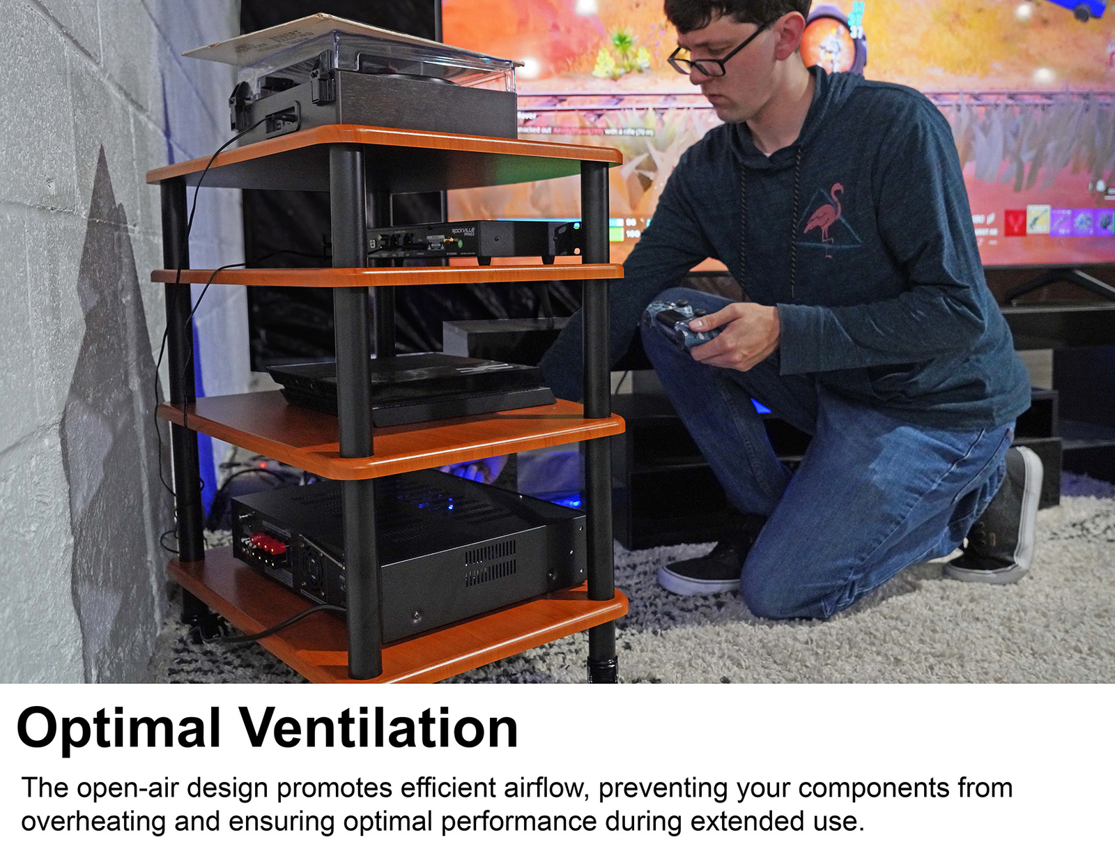 Rockville FLX Classic Wood Adjustable Height 4 Shelf Home Theater A/V Rack Stand