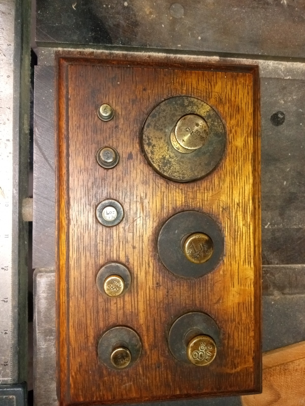 antique 8 Pc Scale Weight Calibration Brass Set in oak container