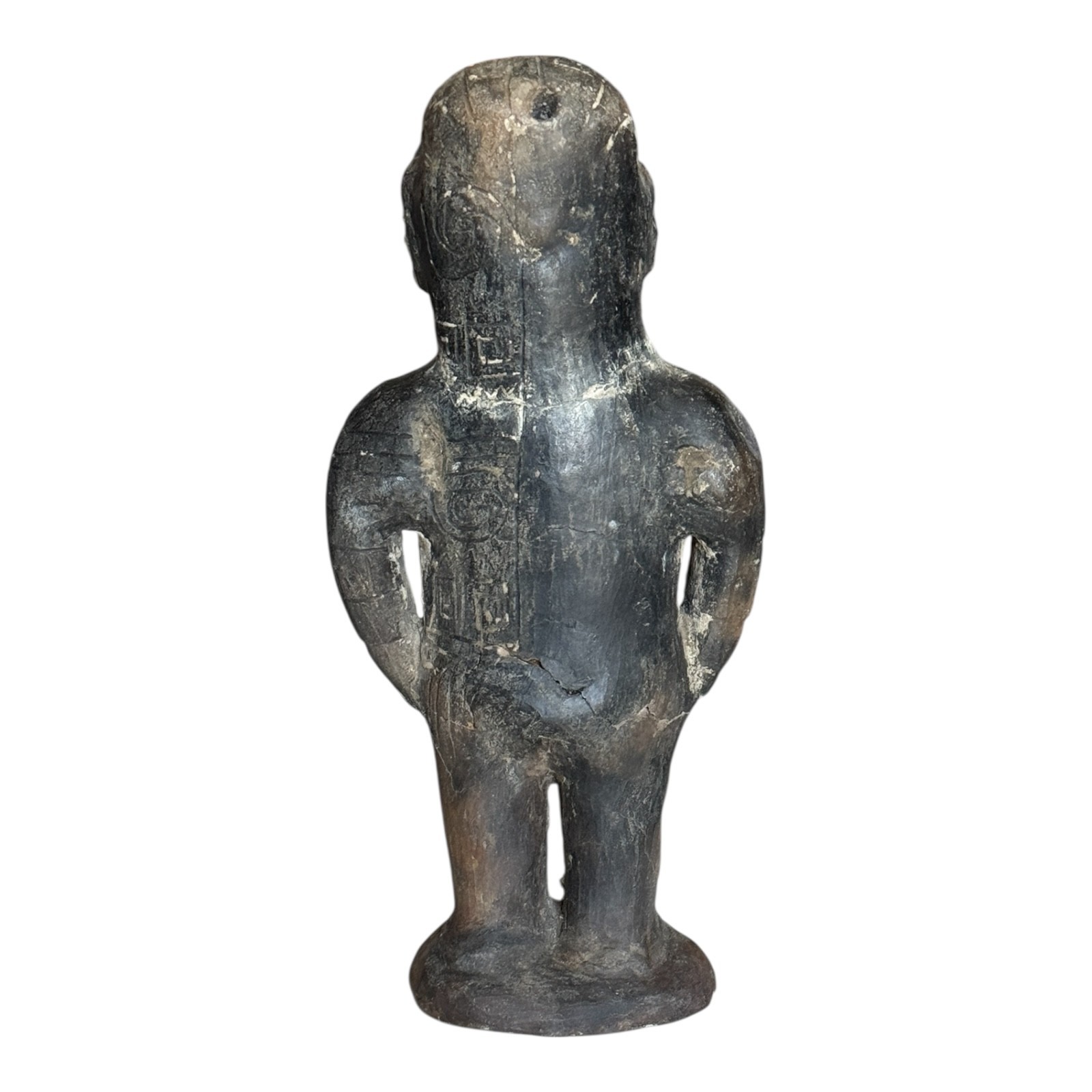 Antique Pre-Columbian West Mexico Blackware Pottery Standing Whistle Figure