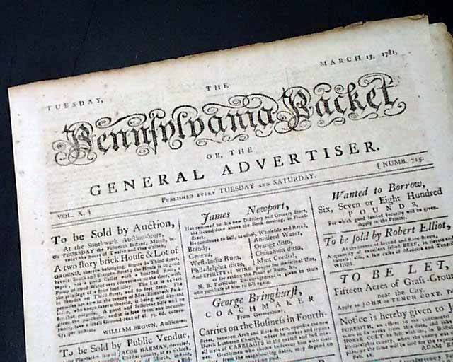 AMERICAN REVOLUTIONARY WAR Benedict Arnold John Andre Cowpens SC 1781 Newspaper