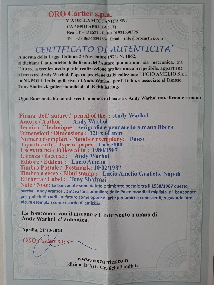Andy Warhol Original Signed Banknote Italian Lire with a Certificate