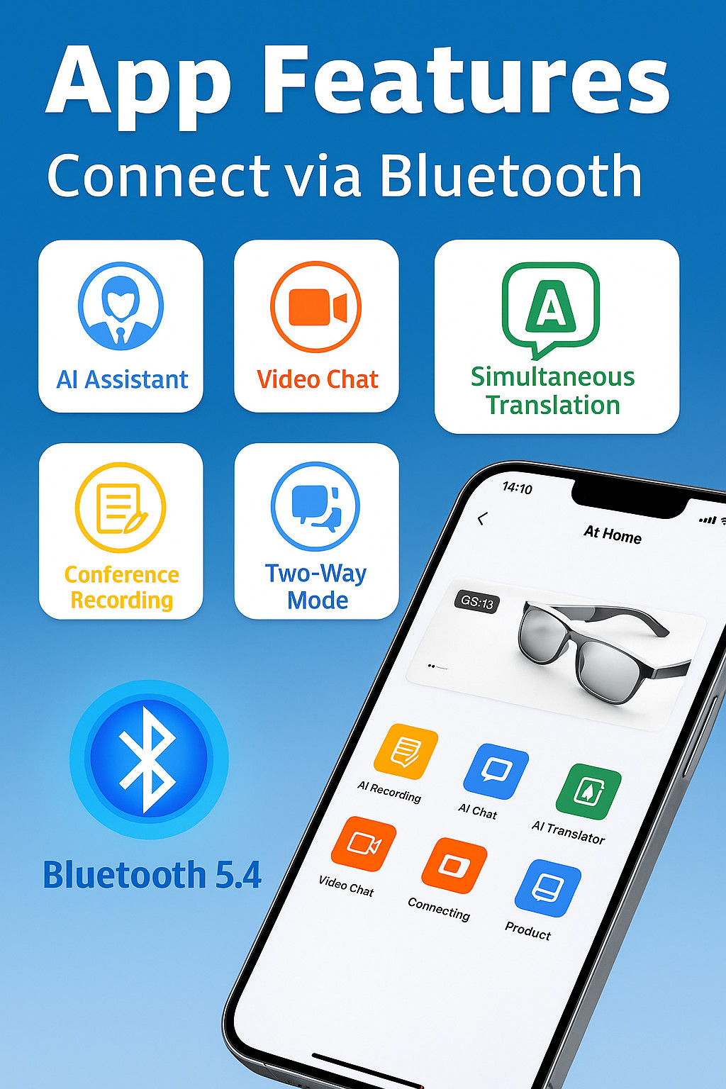Smart Glasses AI Bluetooth Glasses 144+ Translation for Men & Woman Work Travel