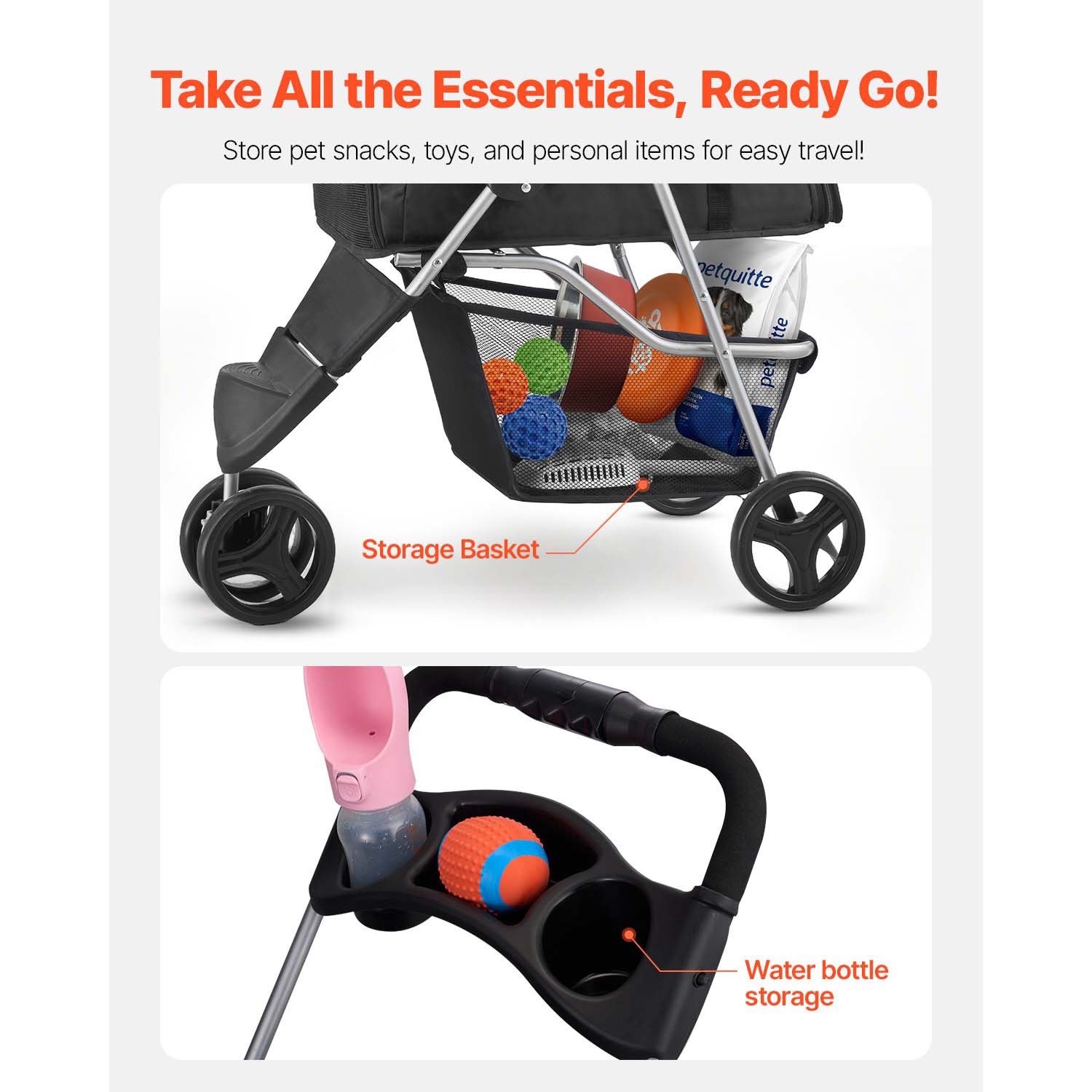 Pet Stroller Foldable 3 Wheels Dog Stroller with Brake up to 35lbs