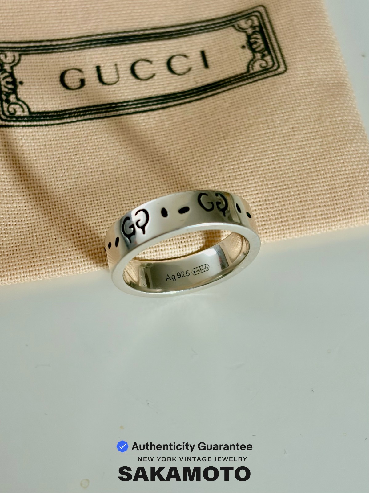 GUCCI GG Ring Ag925 Unisex Sterling Silver Ghost Ring 6MM-Size US 8