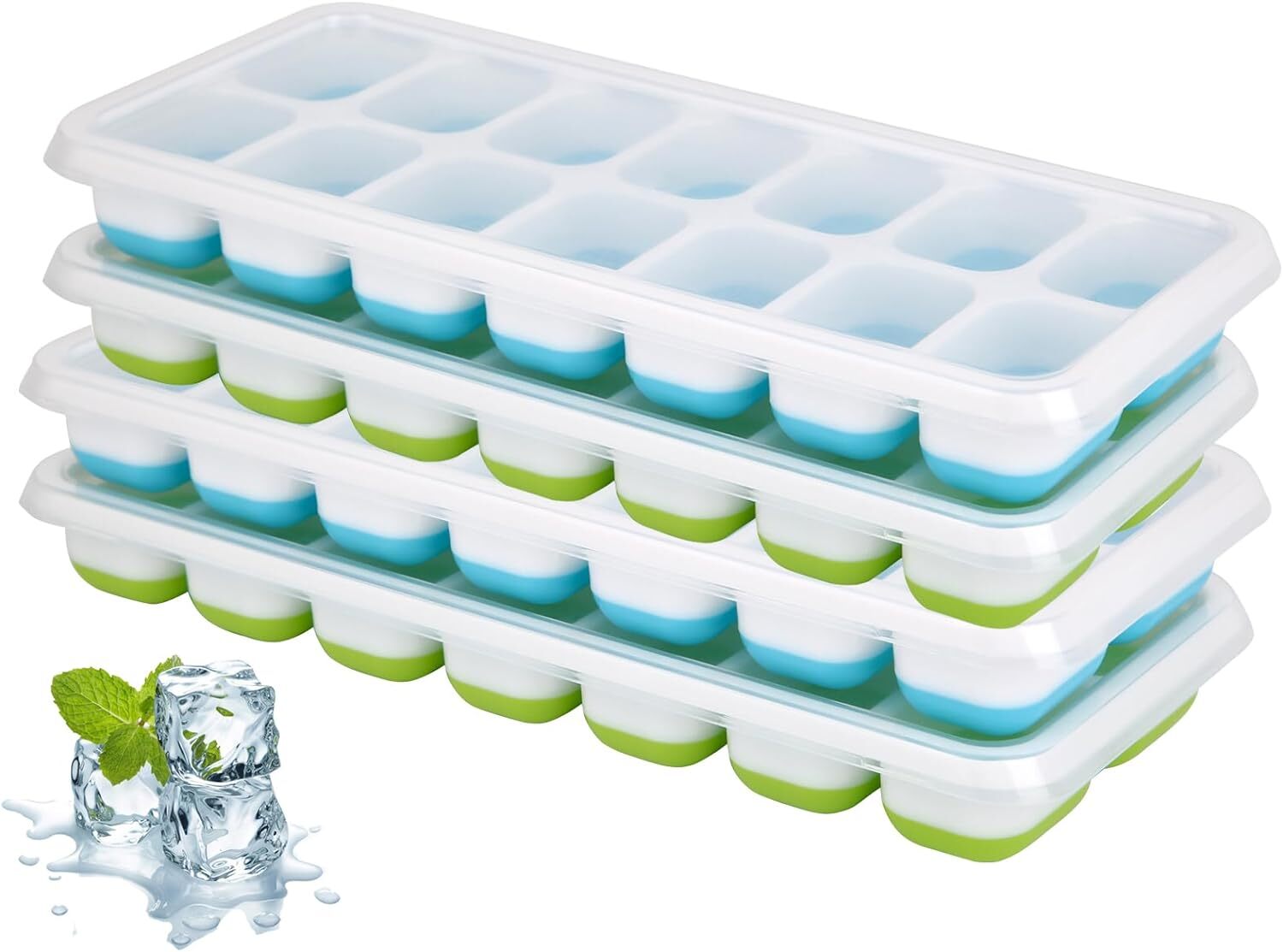 Ice Cube Tray, 4 Pack Silicone Ice Tray, 14 Ice Cube Molds with Lids, Stackable