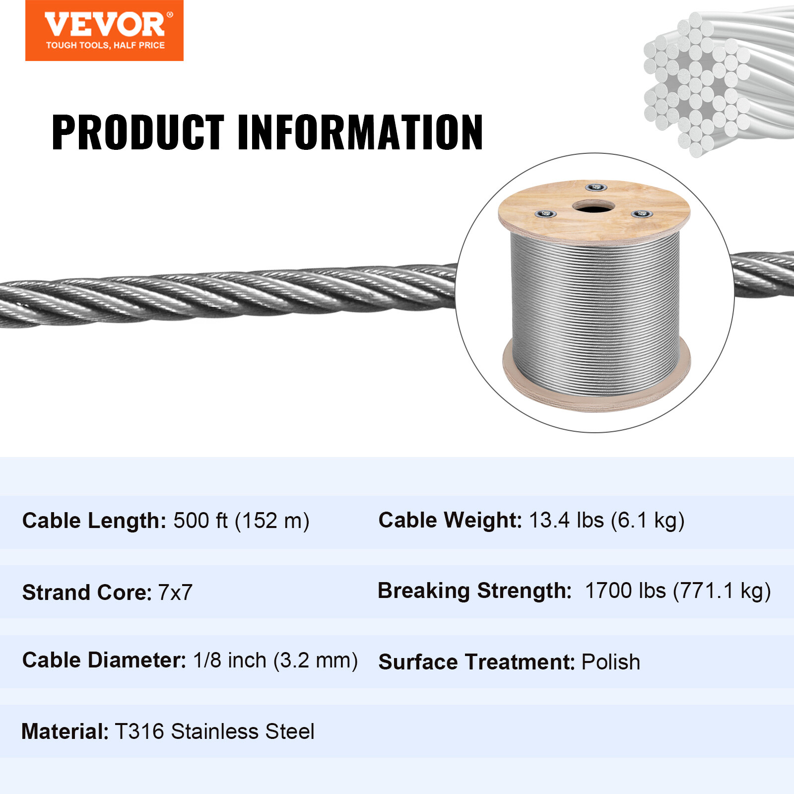 VEVOR T316 Stainless Steel Cable 1/8" 7x7 Steel Wire Rope 500ft Cable Railing