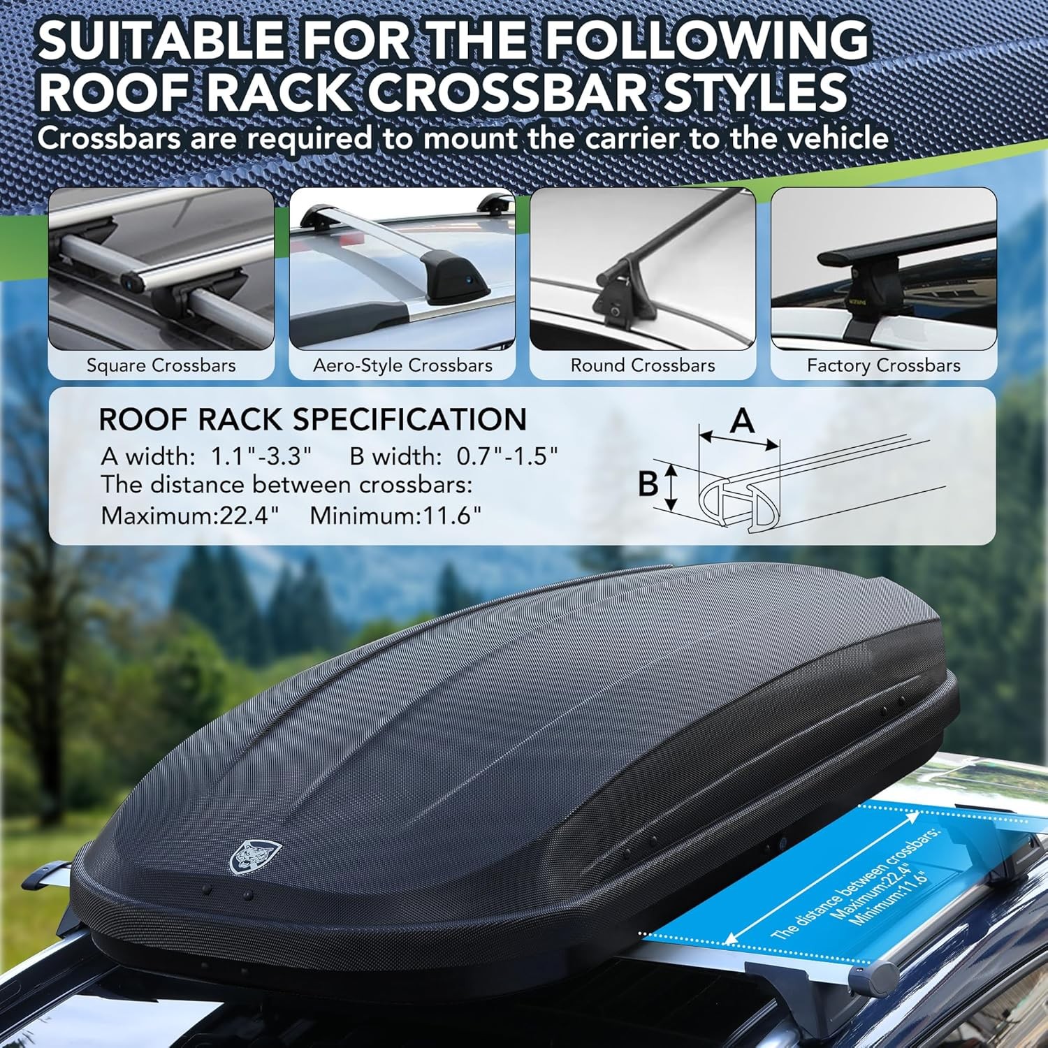 12 Cu Ft Rooftop Cargo Box Carrier with Dual-Side Opening，Secure Straps and Keys