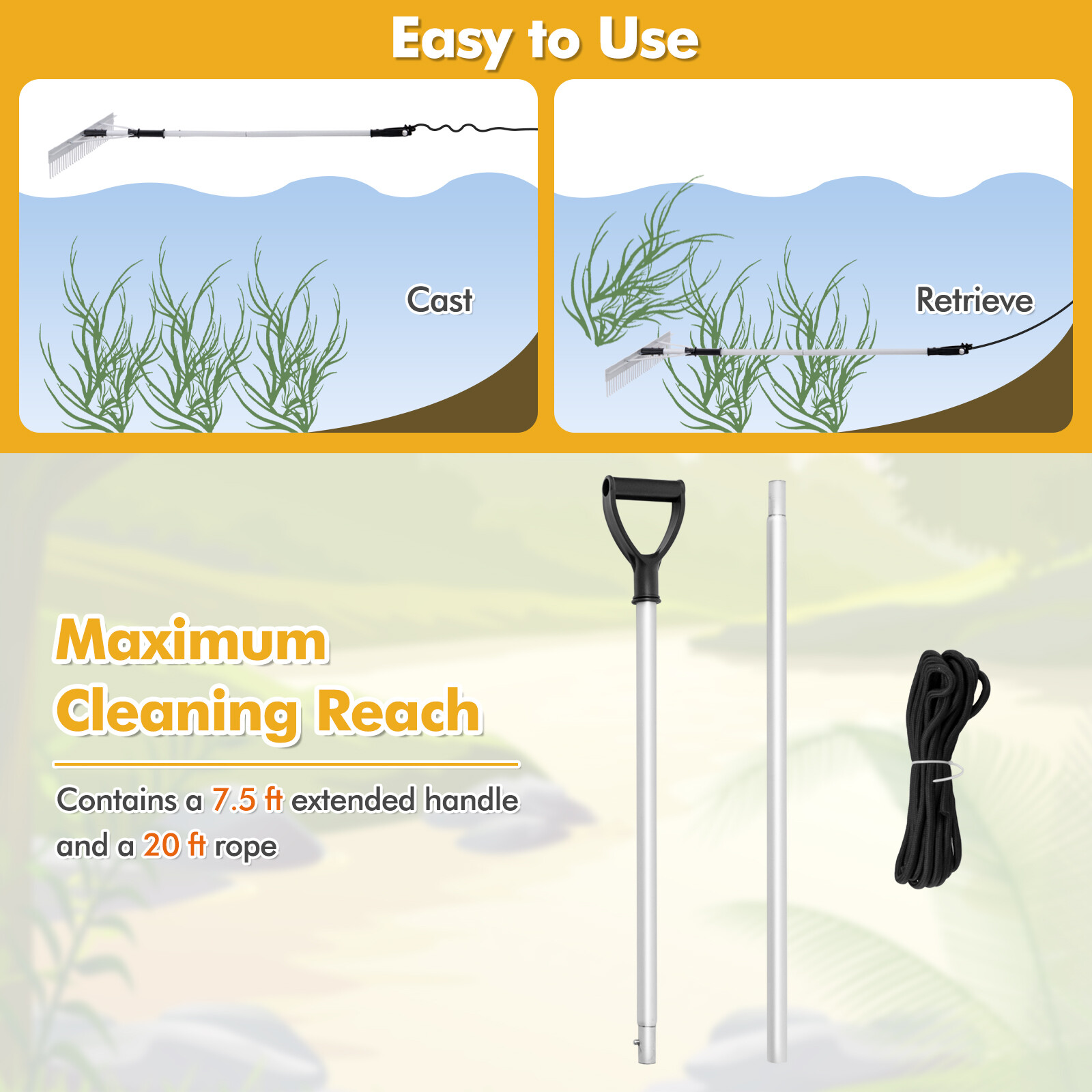 Floating Weed Lake Rake Pond Weed Cutter w/ Foam Floats, Rope & Extended Handle