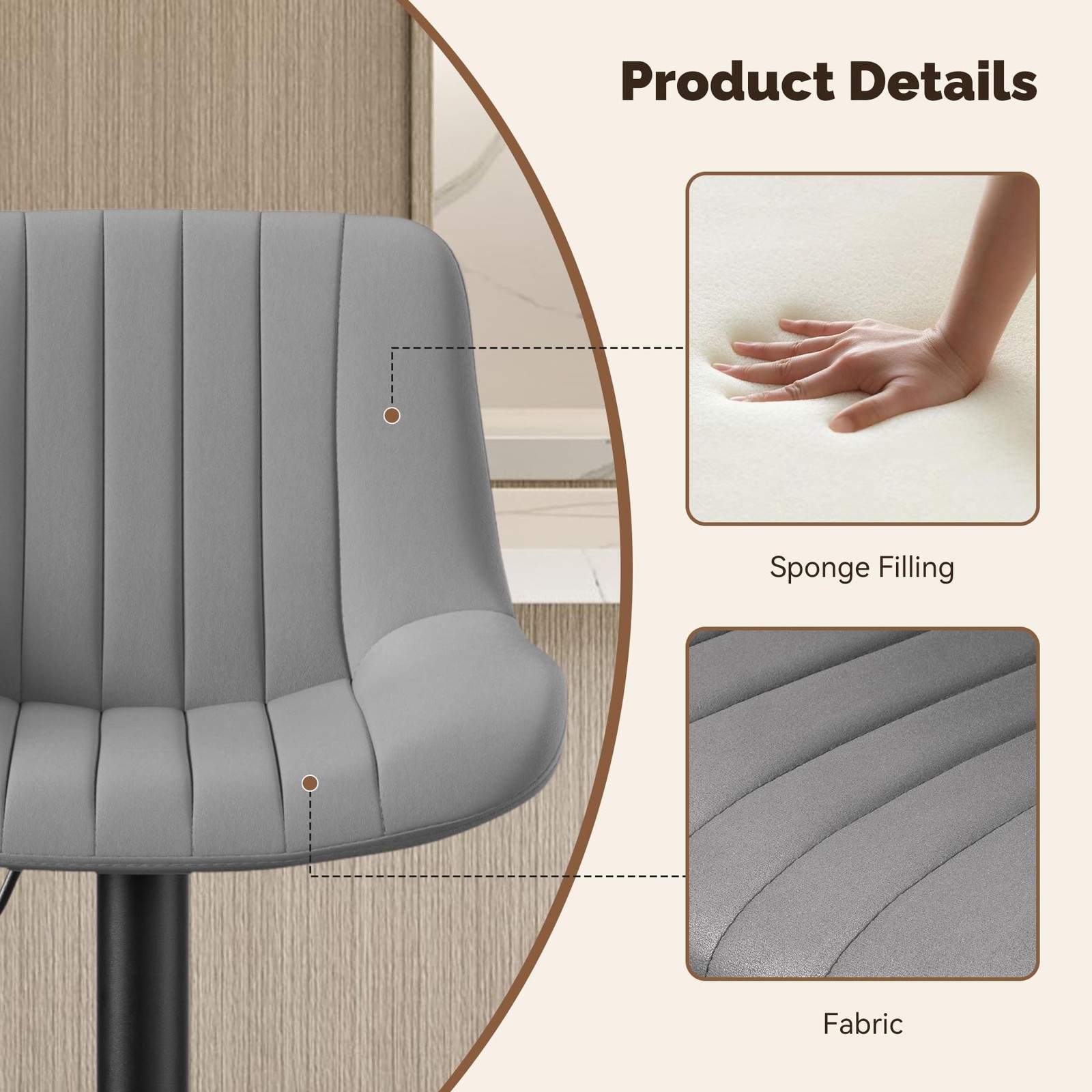 Set of 2 Adjustable Swivel Bar Stools with Backs Counter Height Dark Grey