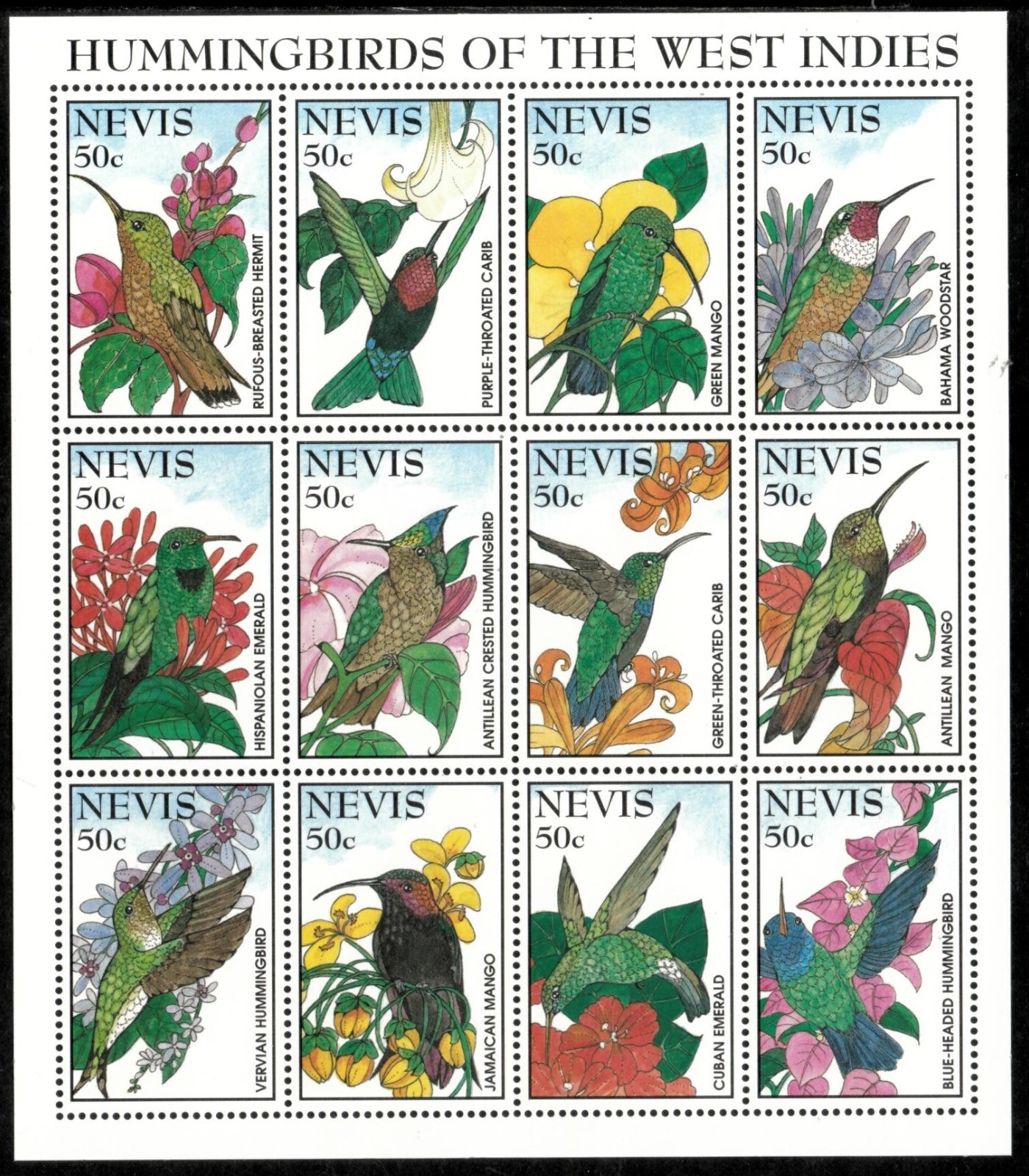 Nevis 1995 - Hummingbirds Flowers - Sheet of 12 Stamps - Scott #900 - MNH