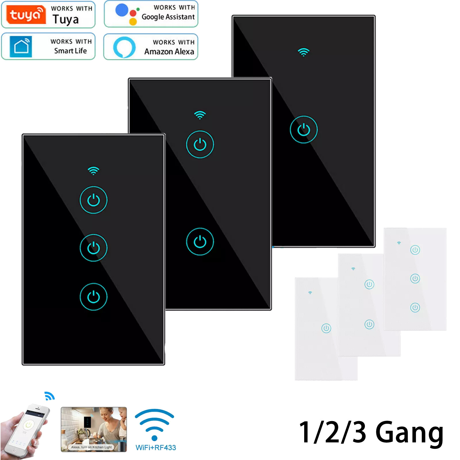 1/2/3 Gang WiFi Smart Wall Touch Light Switch Glass Panel Fit Alexa/Google APP