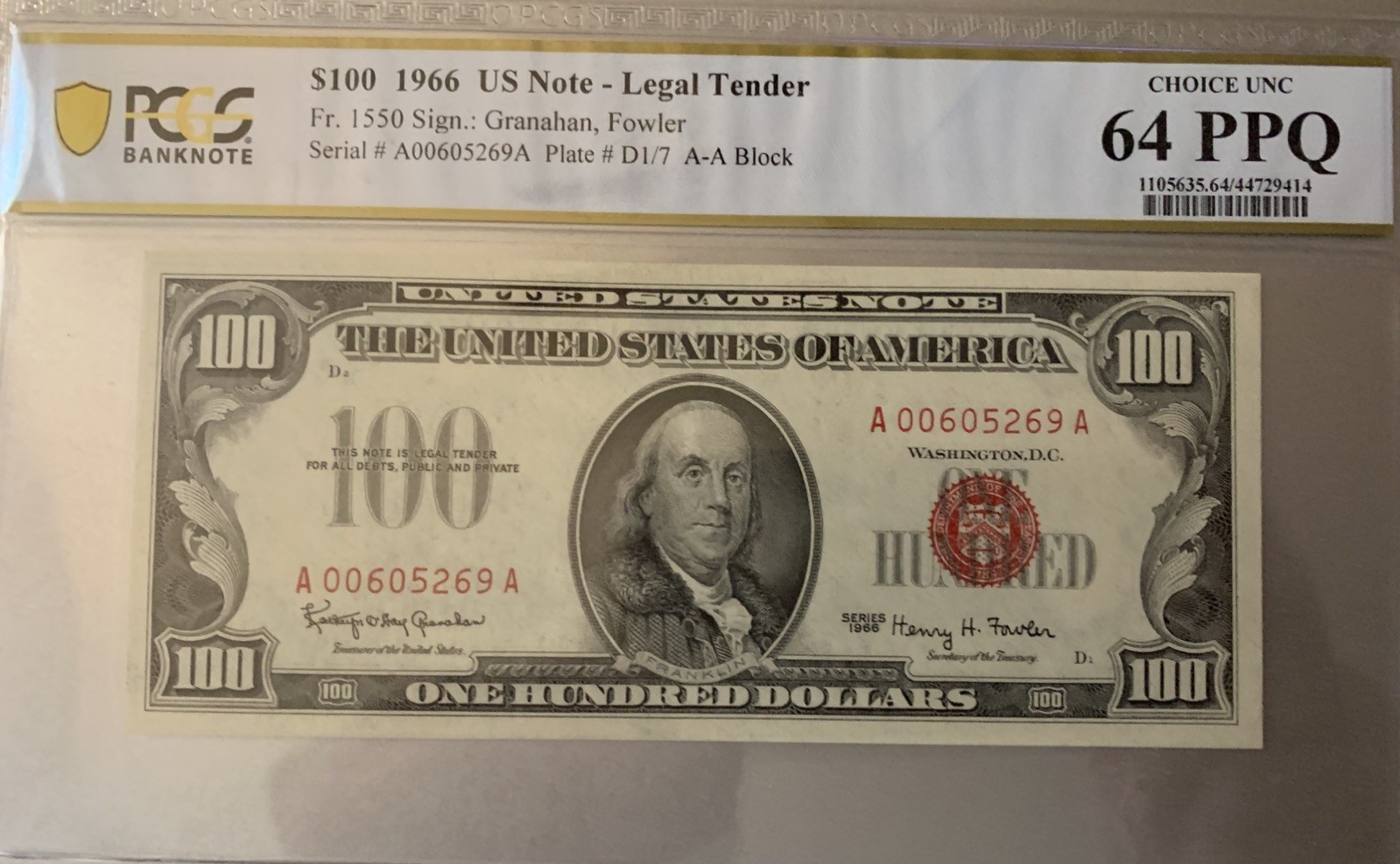 US Note Legal Tender 1966 $100 Legal Fr. 1550 PCGS-64