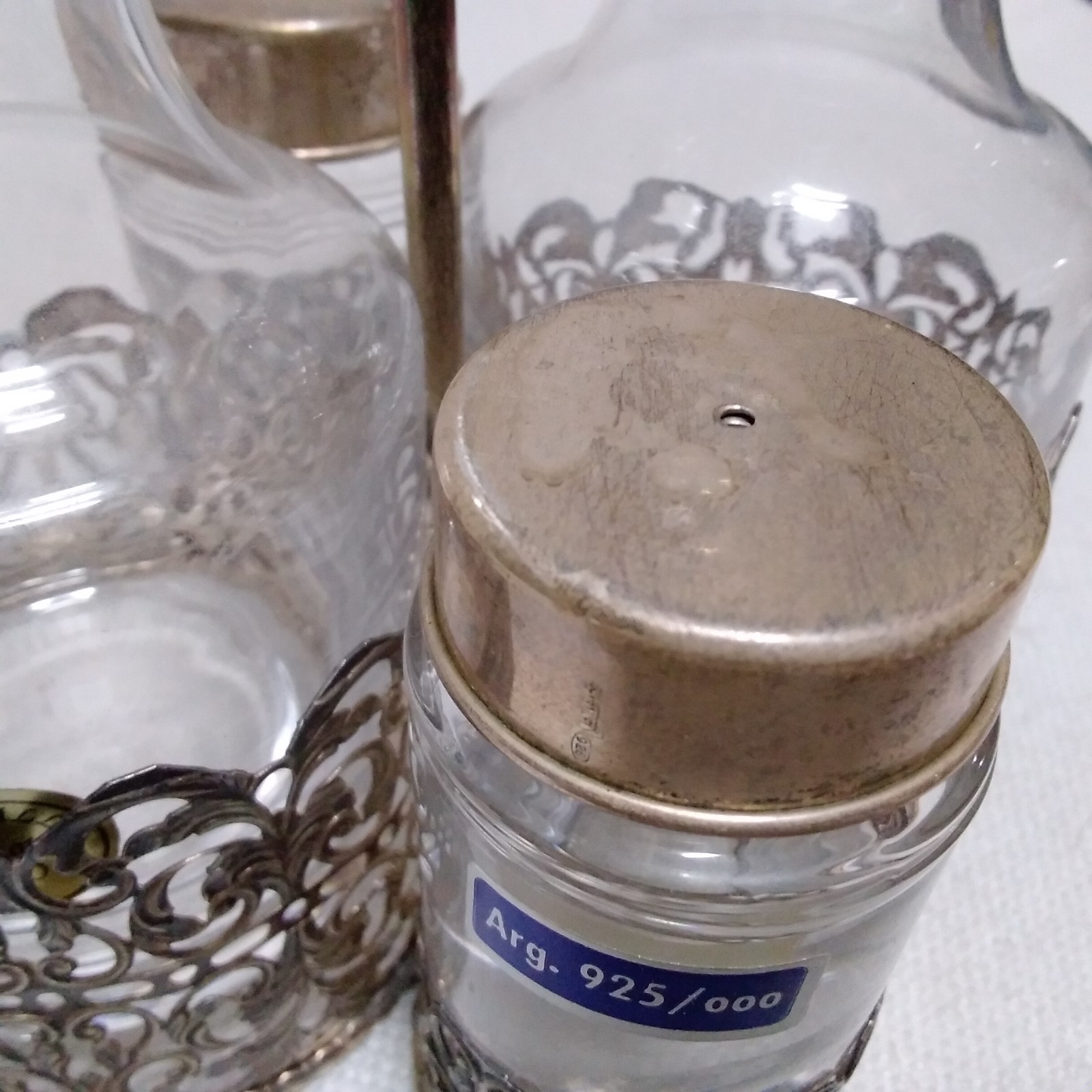 Italian 925 Cutout Sterling Silver and Fine Crystal Vessels Condiment Caddy