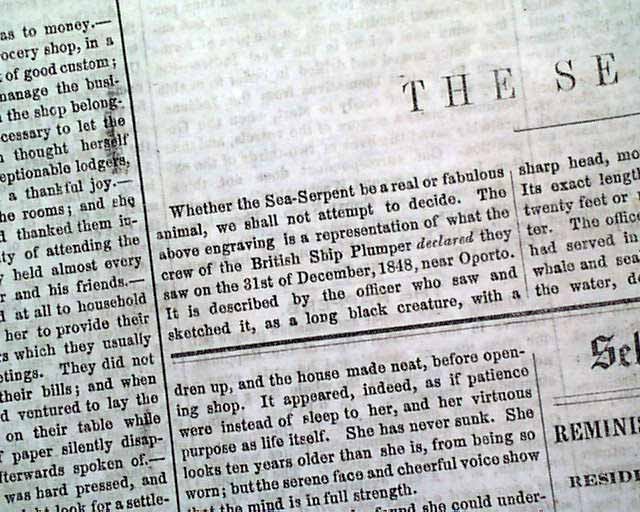 Early SEA SERPENT Monster Creature HMS Plumper Sighting w/ Print 1851 Newspaper