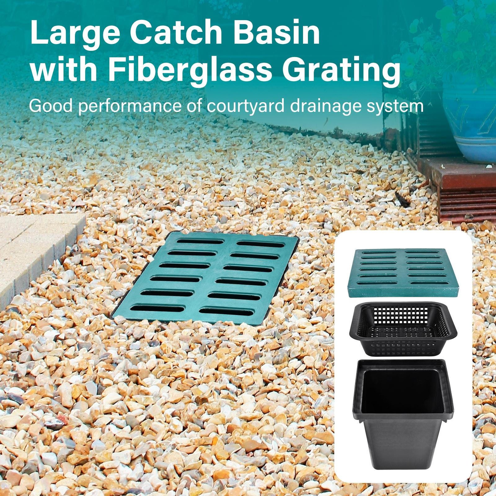 17x17in Catch Basin For Drainage With Fiber Glass Grate Debris Basket Drainage
