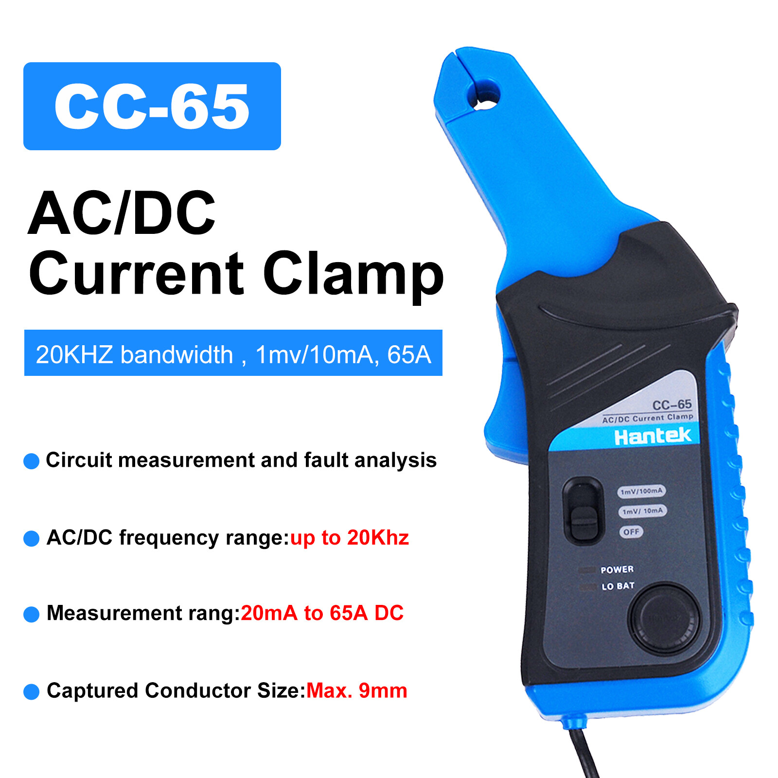 Hantek CC65 AC/DC Digital Current Clamp Meter with BNC Connector 20KHz 65A