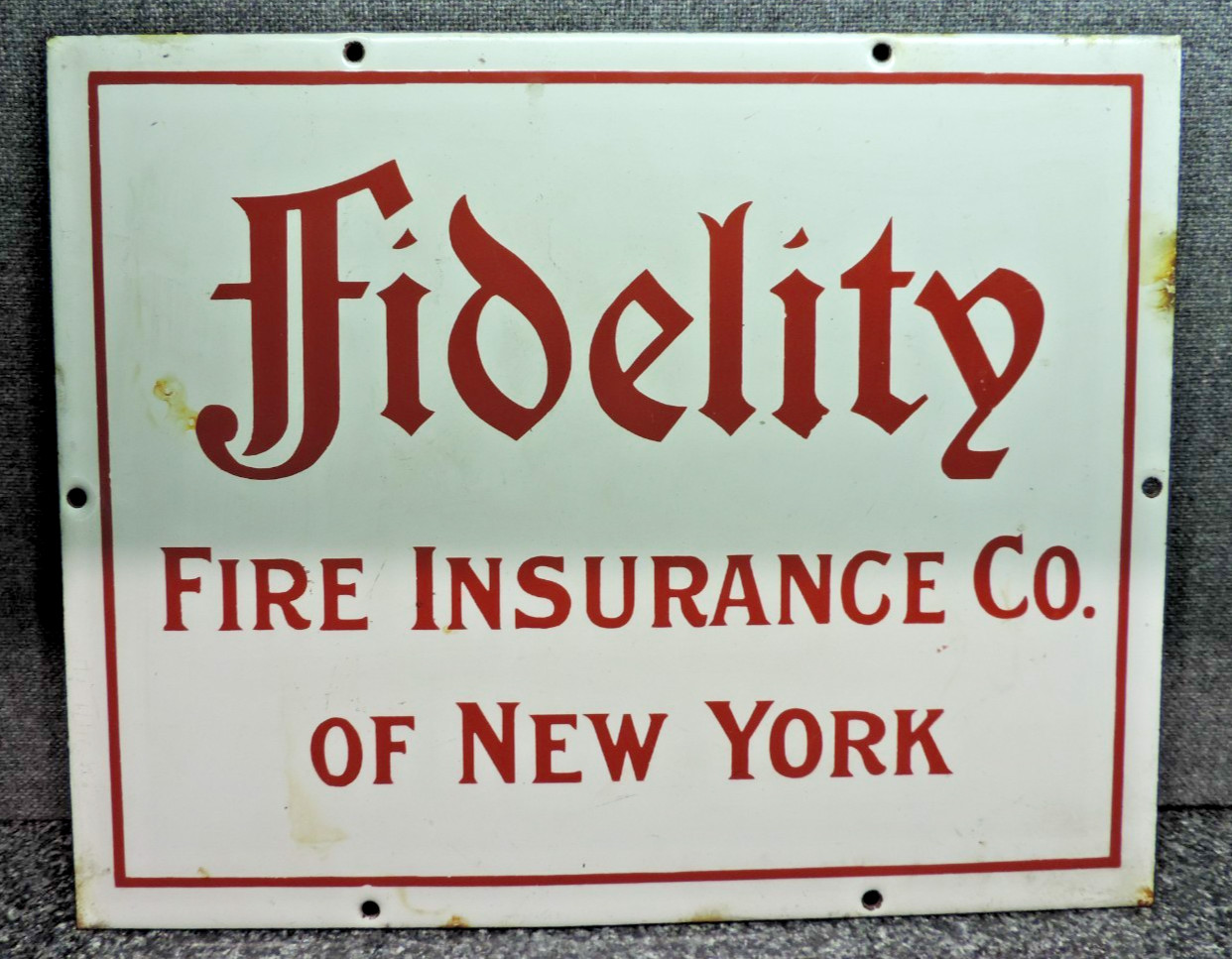 Ing Rich Fidelity Fire Insurance Co. of New York Porcelain Sign Vintage Display