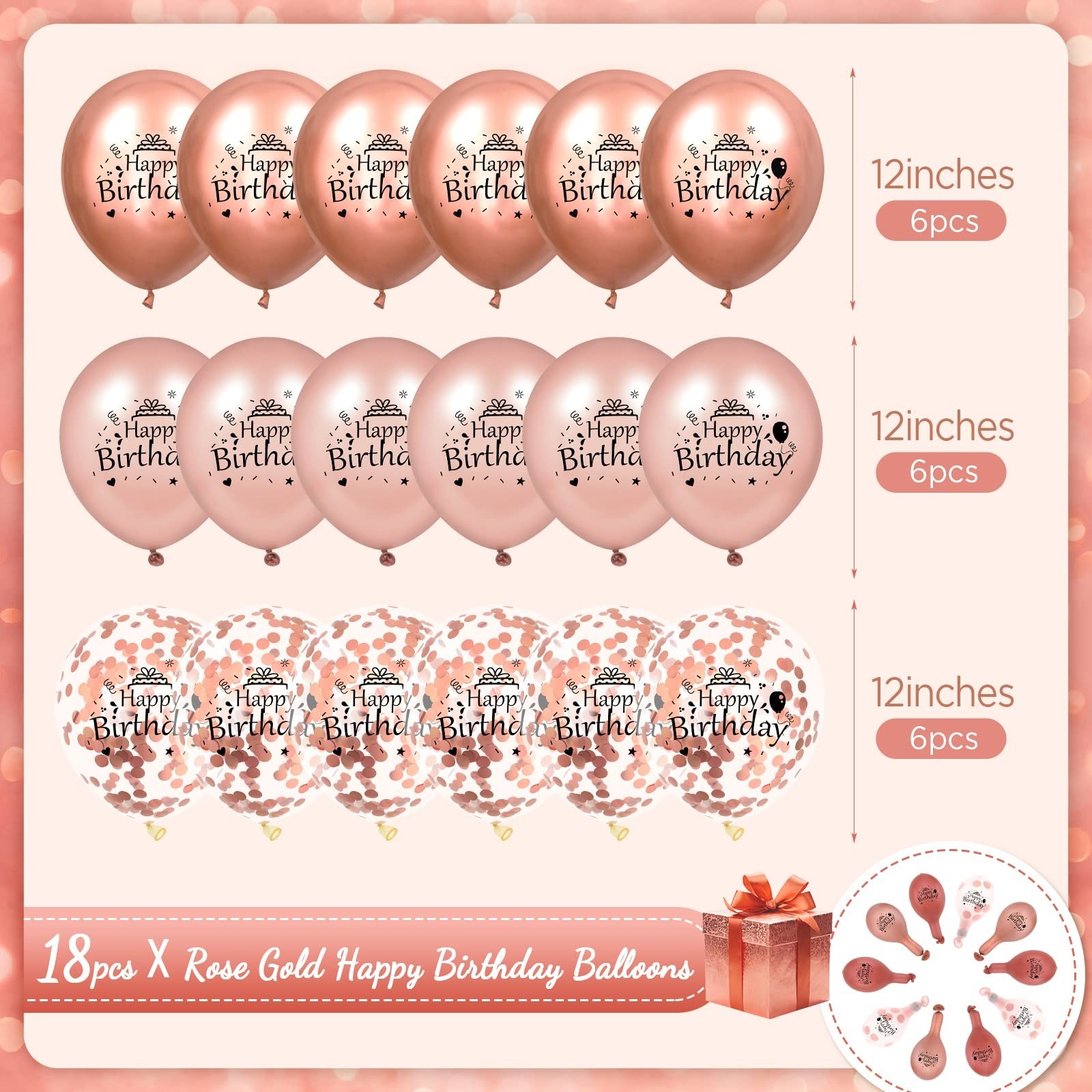 RUMIA Rose Gold Happy Birthday Balloons 18 Pcs 12 Inch Latex Confetti Balloon...