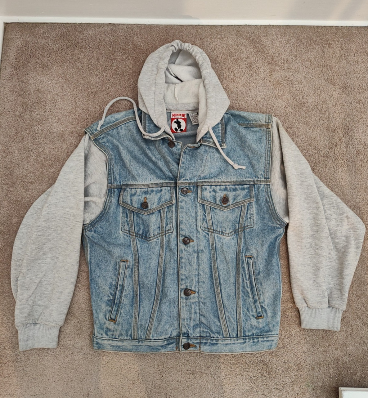 Disney Mickey Inc Jacket Small Denim Hoodie Trucker Embroidered Mouse VTG 90s