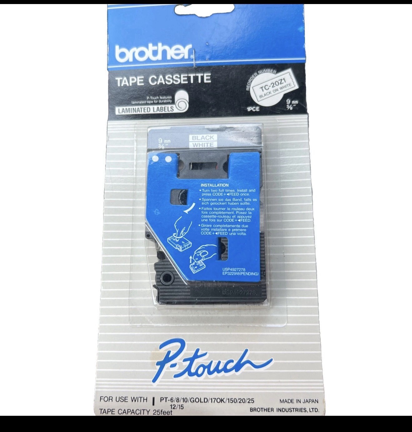 Brother TC-20Z1 Black on White P-Touch 9mm Label Tape-25 Feet Capacity 1 Pc New