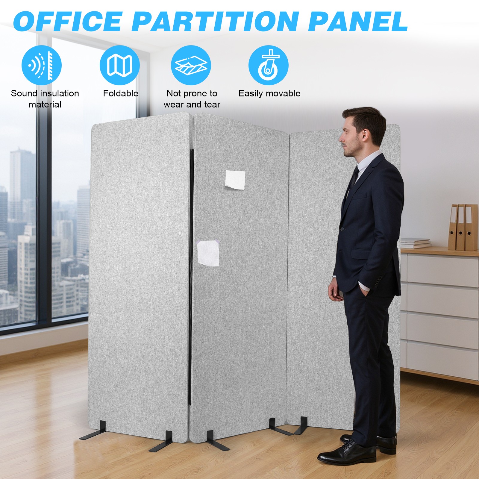 3 Panels Soundproof Privacy Panels Folding Room Divider for Dorm Studio Office