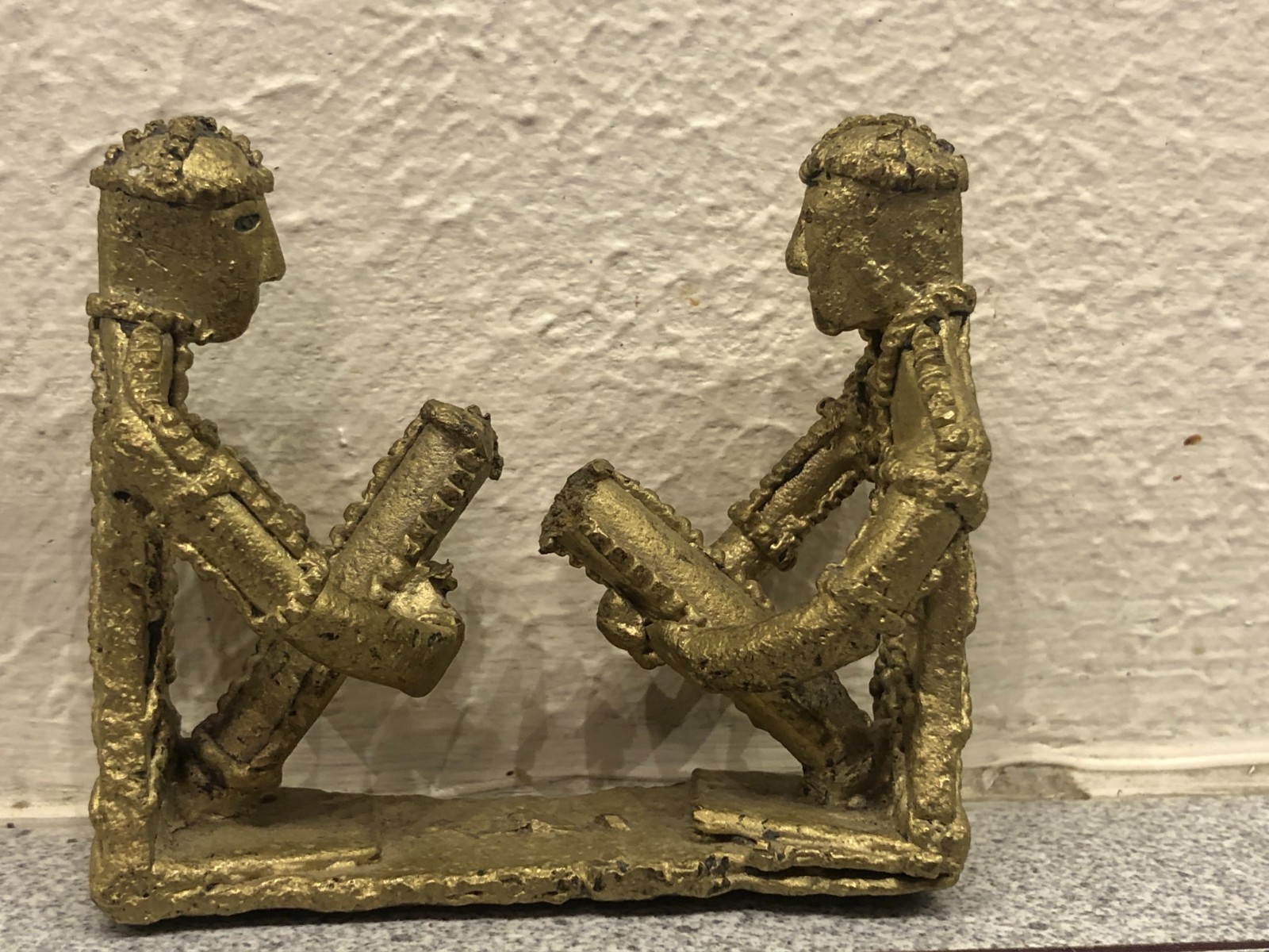 Vintage West African Tribal Folk Art Bronze Sculpture - Two Musicians Sitting
