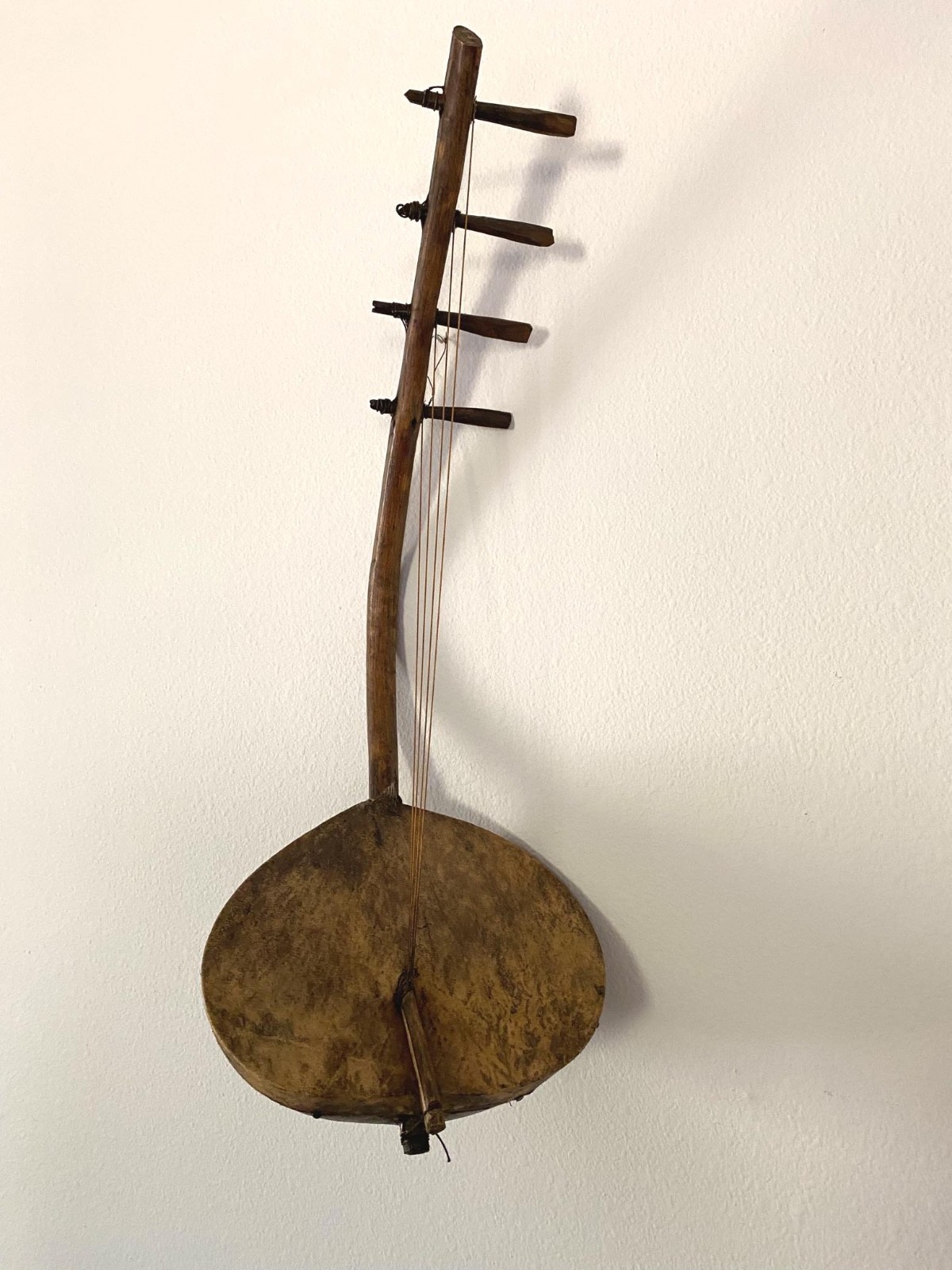 Antique African Adungu 4 String Hand Made Gourd Hide Wood Bow Harp Instrument