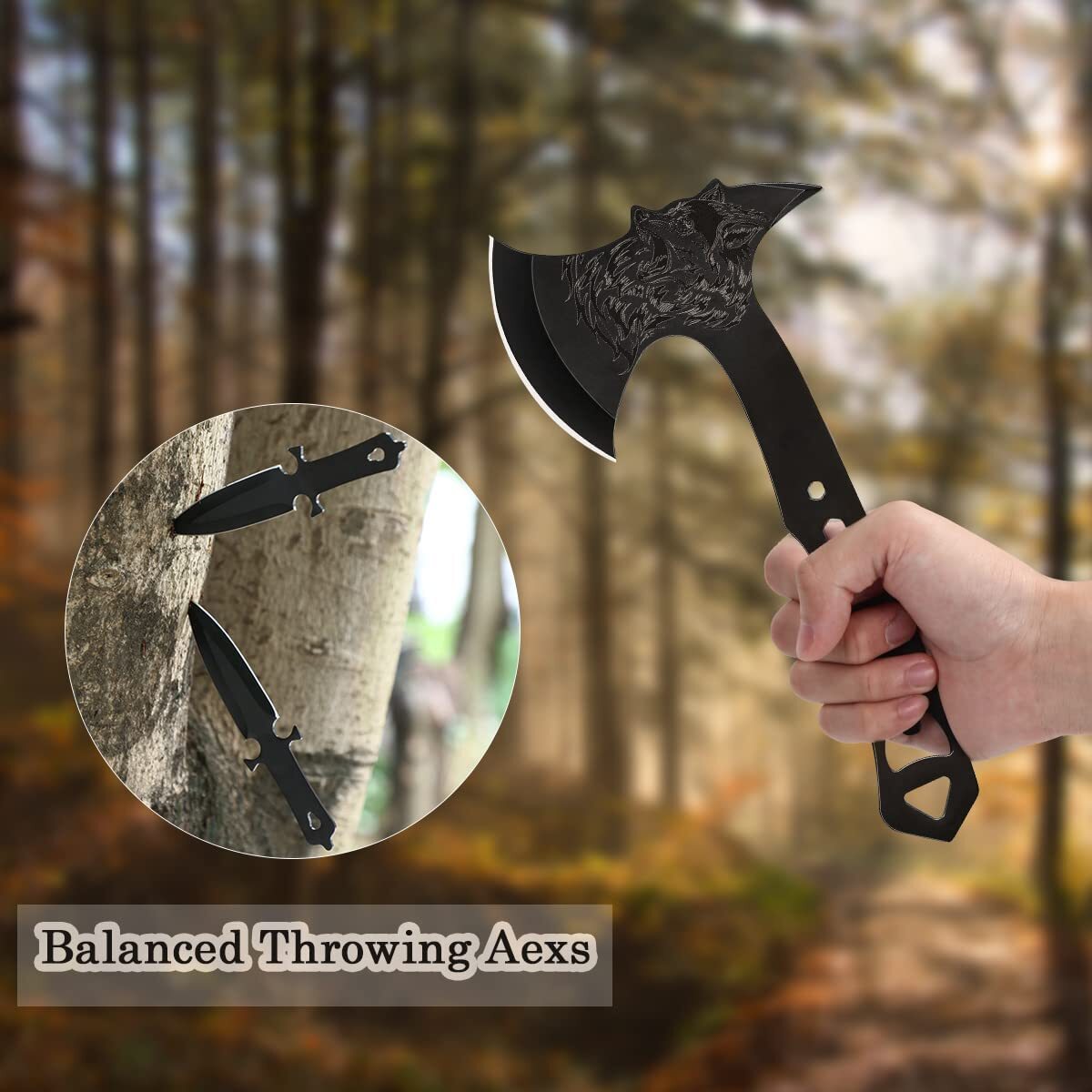 3PCS Throwing Axes and Knives with Full Tang Stainless Steel for Camping, Game
