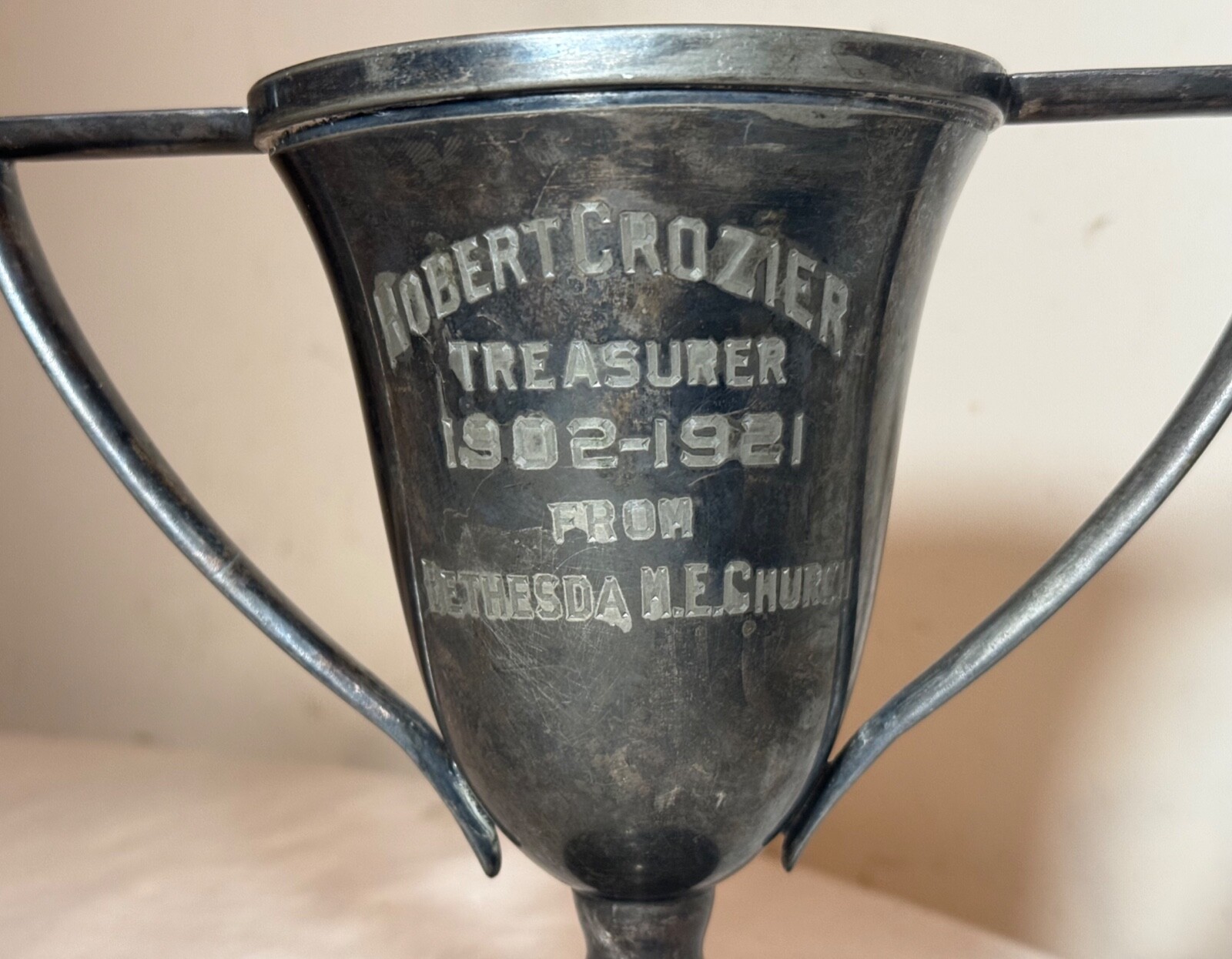 antique 1902-21 silverplate engraved Bethesda ME Church Treasurer trophy award
