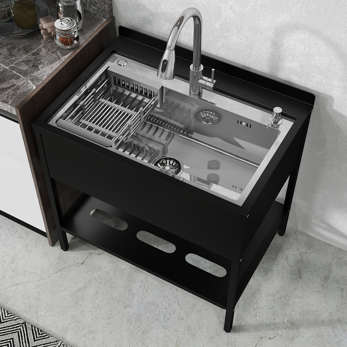 Stainless Steel Kitchen Sink Single Bowl w/ Faucet Shelf Bathroom Utility Sinks