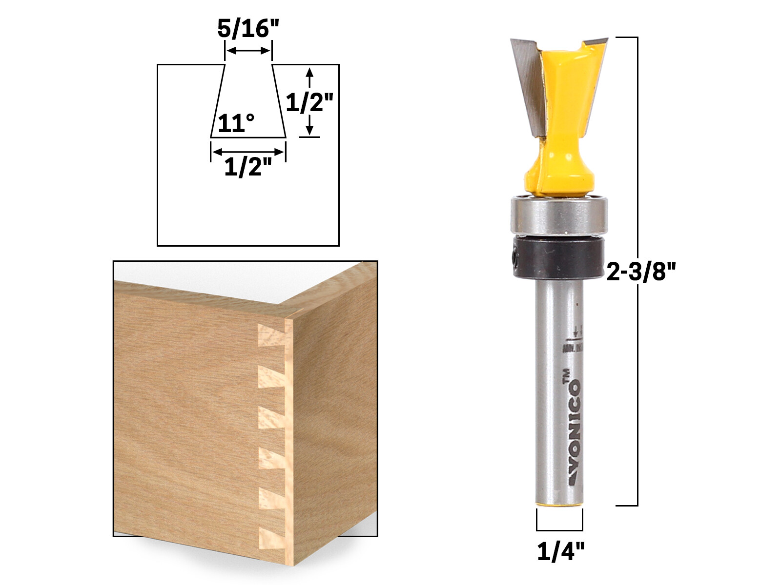 11Â° X 1/2" Dovetail Router Bit - 1/4" Shank - Yonico 14811q