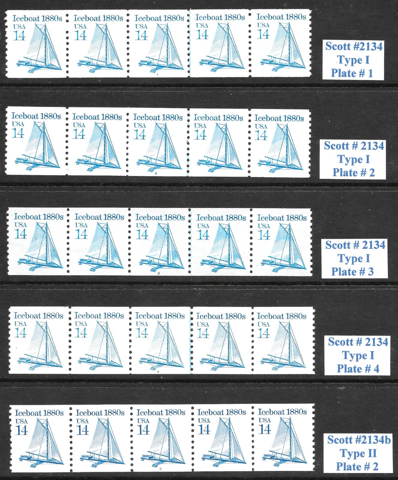 Scott # 2134-b 14c Iceboat PNC5s, Complete Set of 5, VF+ QUALITY! Cat-$10.60