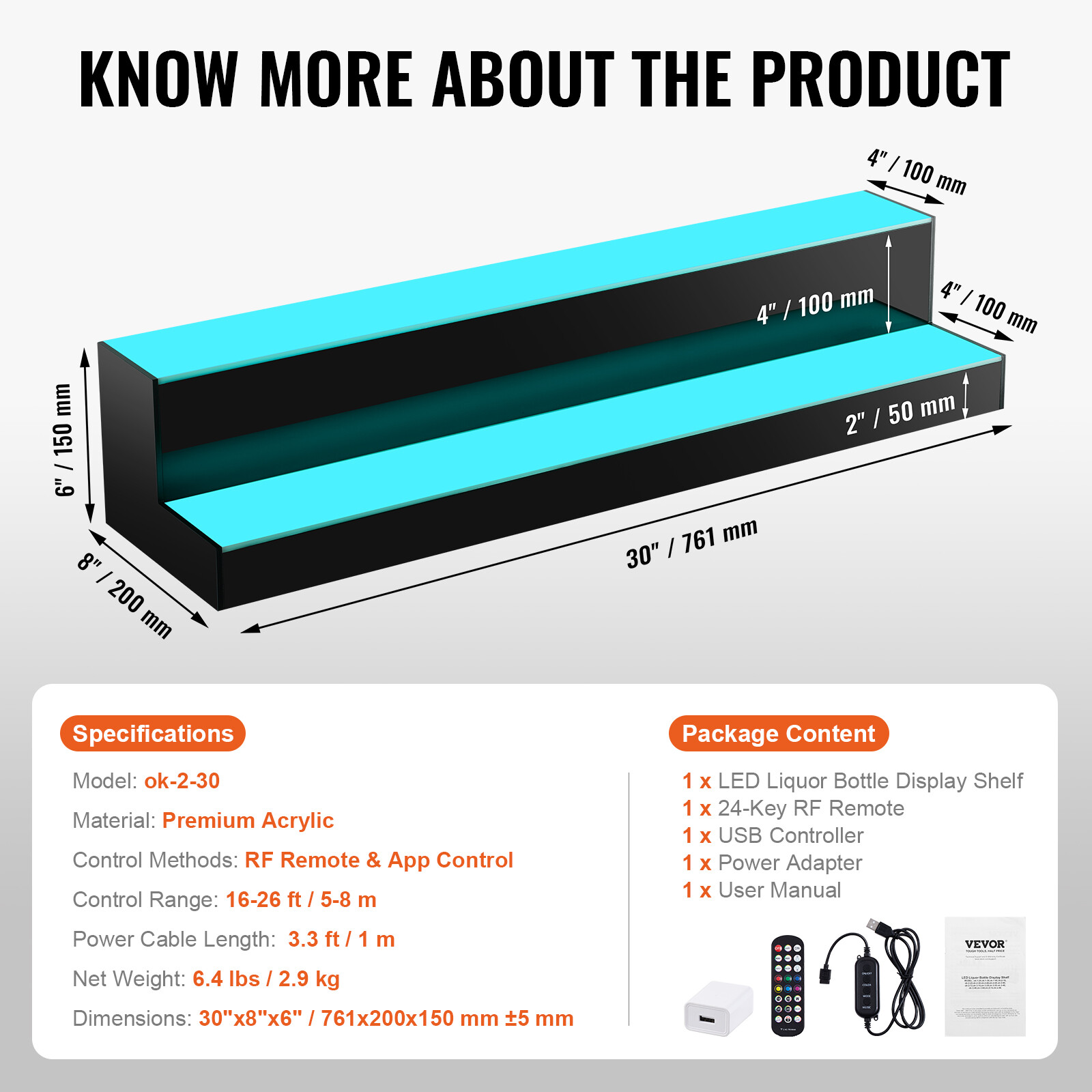 VEVOR LED Lighted Liquor Bottle Display Bar Shelf RF & App Control 30" 2-Step