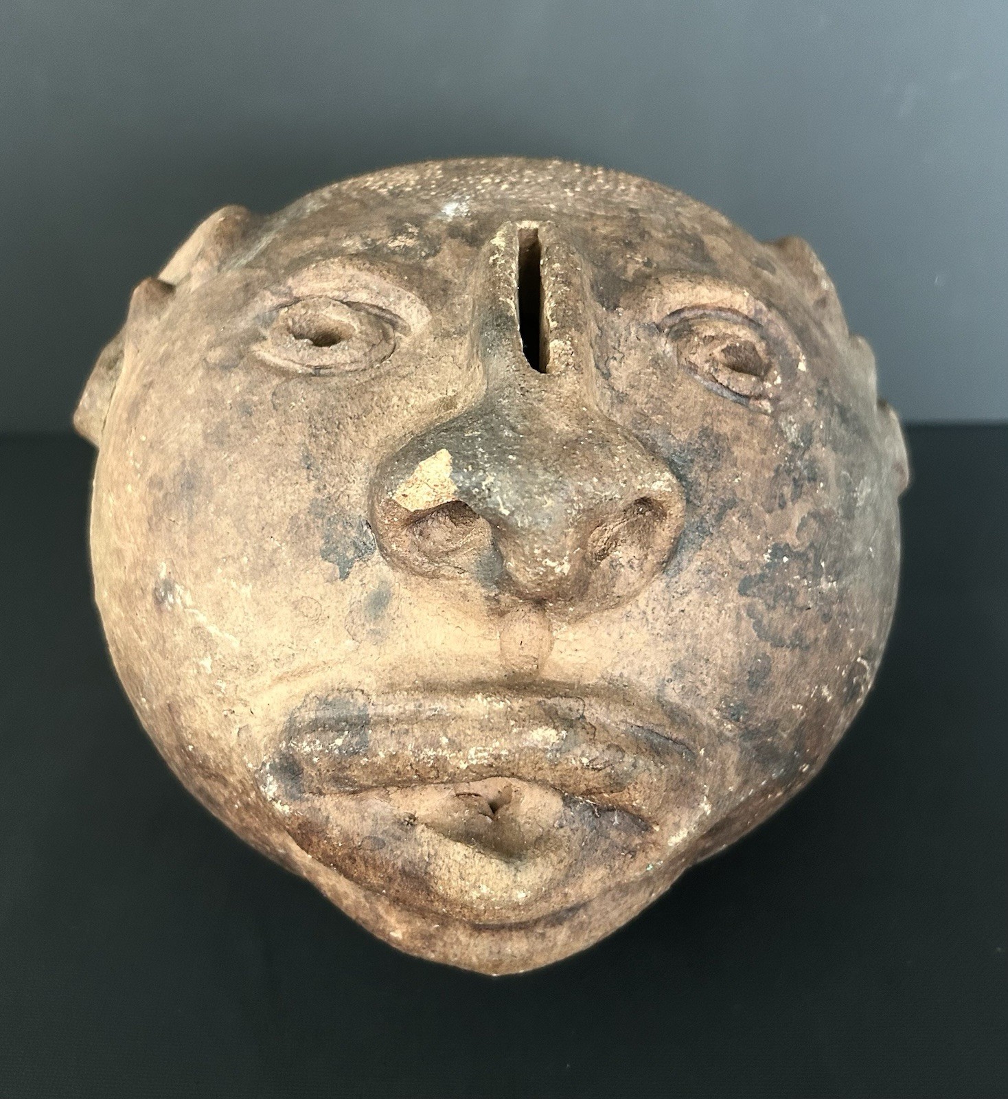 Antique Pre Columbian Clay Pottery Head Coinbank From Veracruz, Mexico 7.5”