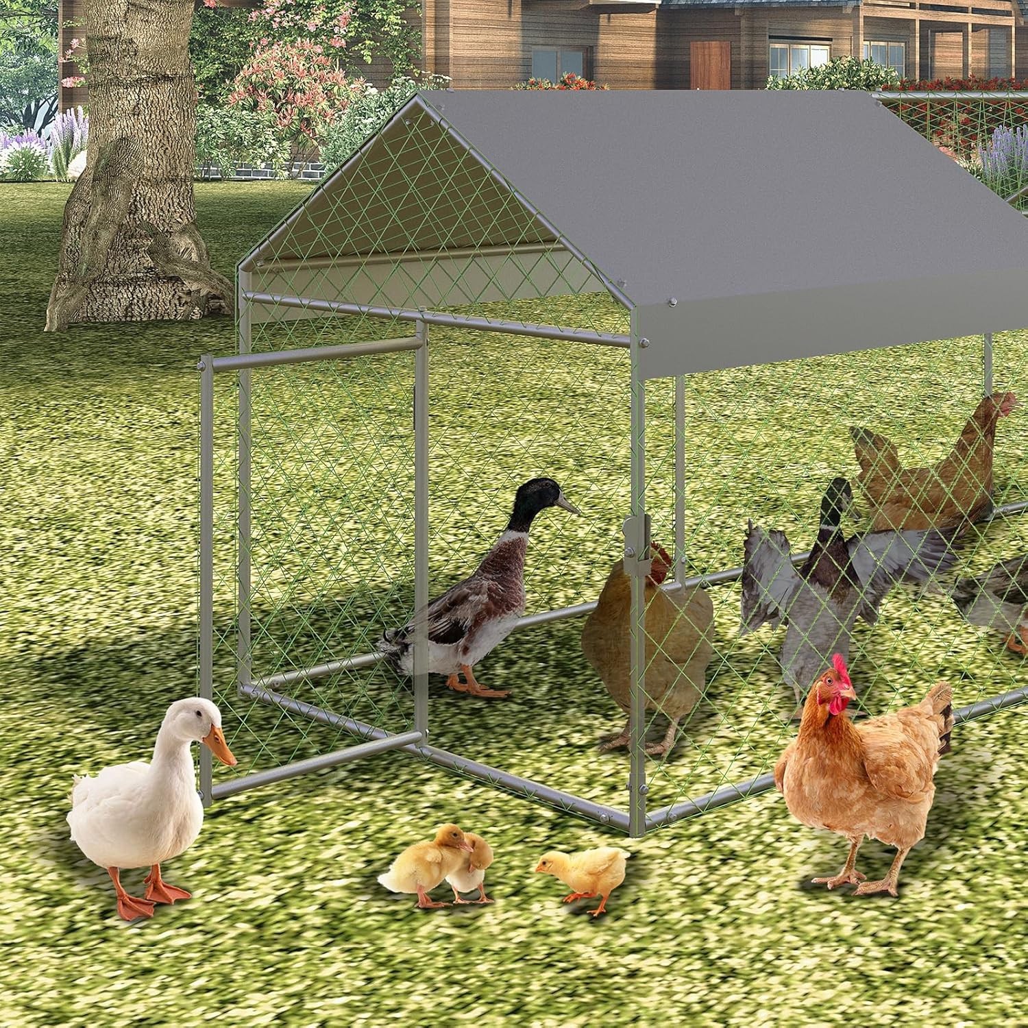Heavy Duty Outdoor Walk-in Chicken Runs w/Cover Poultry Cage 120"×40"×40" Silver