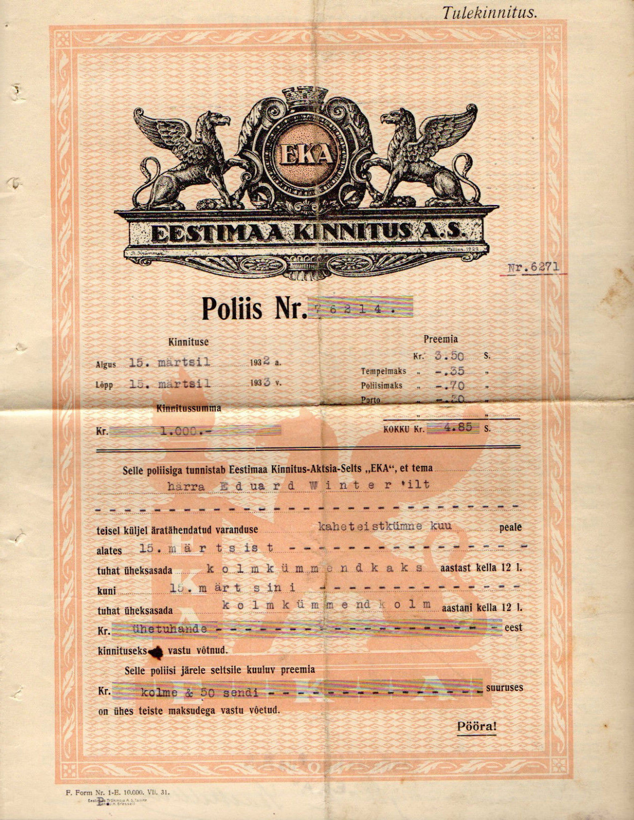 ESTONIA insurance 1000.00 KROONI 1932 "EKA" 129