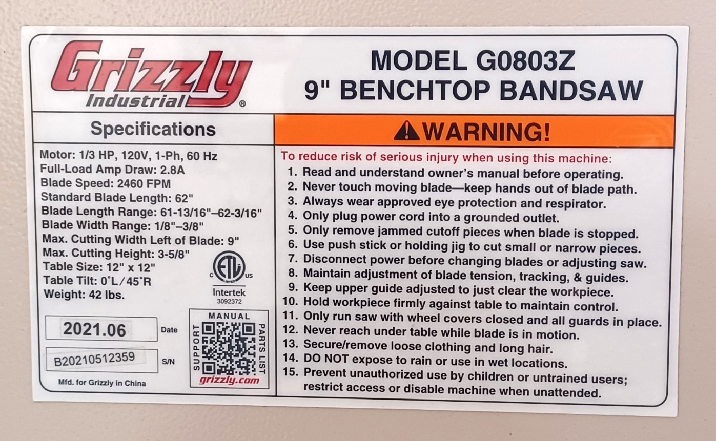 Grizzly 9" Benchtop Band Saw G0803Z/Used